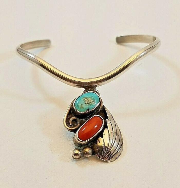 Vintage Sterling Southwestern Turquoise and Coral Dangle Cuff Bracelet Signed