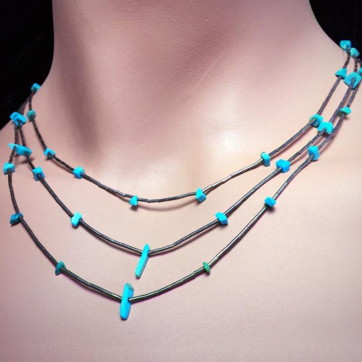 Vintage Sterling Silver Turquoise Three Strand Fetish Southwestern Necklace