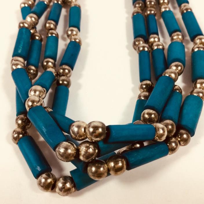 Southwestern Multi Strand Turquoise Blue Clay Tube Bead Necklace Hand Made 32”