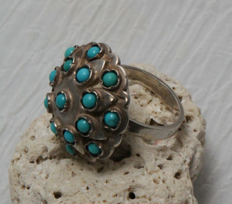 French Hallmarked Sterling Silver & Turquoise Dome Size 6.5 Ring 10.4 grams