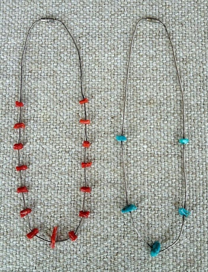 2 Vintage Southwest Liquid Silver Necklaces Turquoise and Coral 15 1/2 