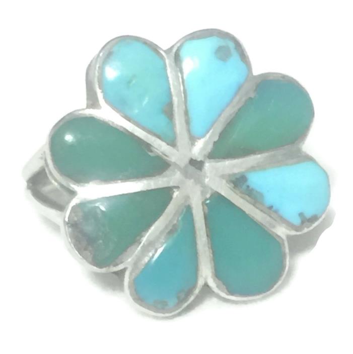 Vintage Flower Turquoise Tribal Southwest Sterling Silver Pinky Ring Size 5.25