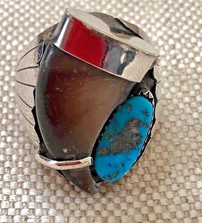 Turquoise and Faux Bear Claw in Sterling Silver Ring Size 11