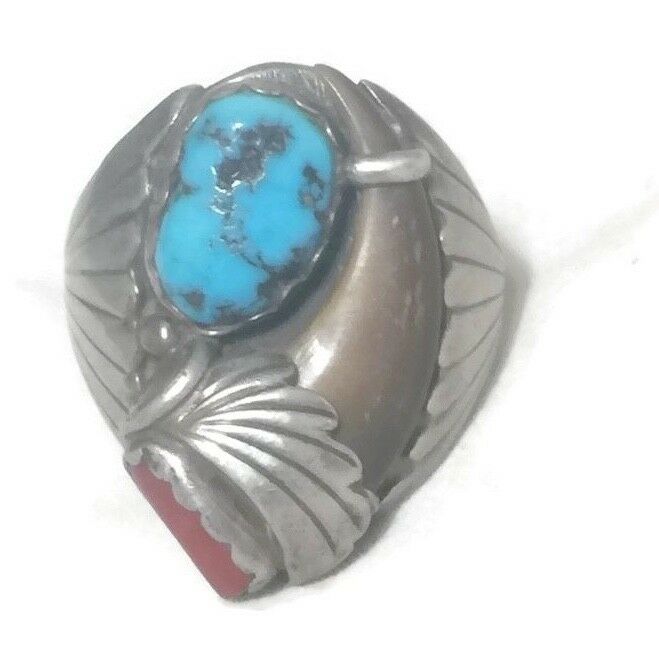 Vintage Southwest Turquoise Coral Faux Claw Sterling Silver Ring Size 11.75