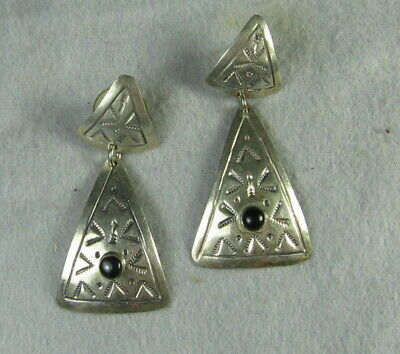 Black ONYX & Sterling Silver Pierced Earrings - Vintage SouthWestern Ethnic