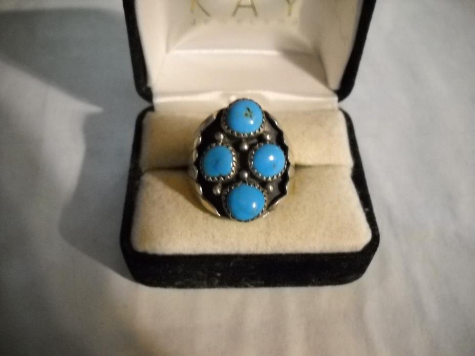 ~Vintage Southwest Marked Sterling Signed P Turquoise Detailed Ring Size 8.5~