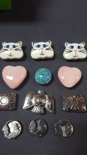 BUTTON COVERS, WHITE CATS, PINK HEARTS, SILVER WESTERN THUNDERBIRD & MORE