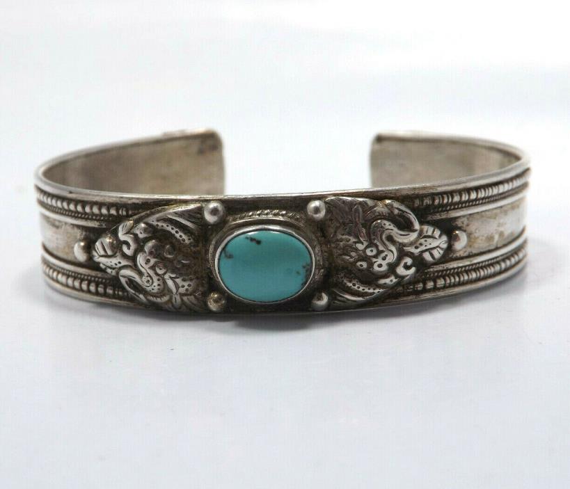 Vintage Sterling Silver Cuff Bracelet with Oval Turquoise Center, 28.3g