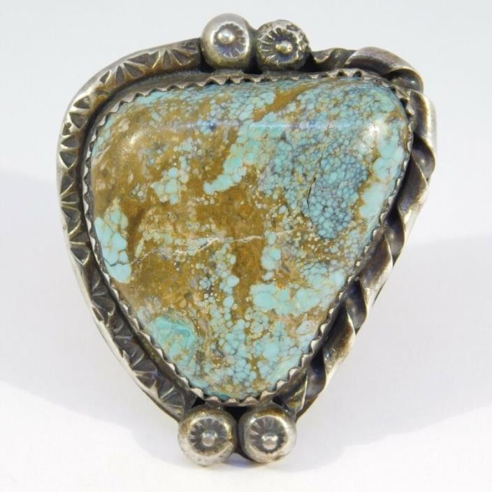 LARGE VINTAGE SILVER TURQUOISE HAND STAMPED BEZEL RING