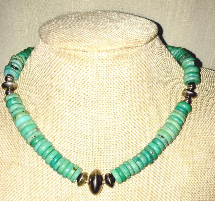 Heavy Green-Blue Turquoise Disc Heishi & Sterling Silver Choker/Necklace - 16