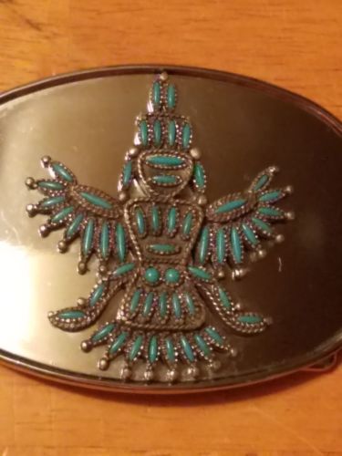 Rain Tree Micro Turquoise Silver ThunderBird Southwestern Mirror Belt Buckle