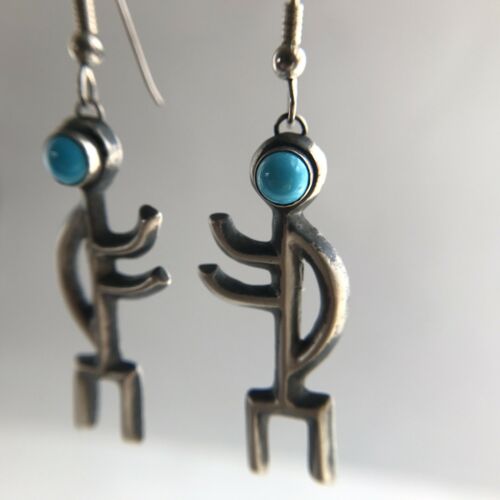 Turquoise Man Dangle Earrings Sterling Silver 925 Stamped LM 2