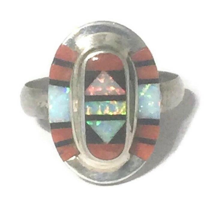 Vintage Opal Onyx Sterling Silver Southwest Tribal BoHo Ring Size 10.50