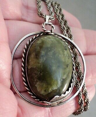 Vintage NAVAJO STERLING Silver & Green Stone PENDANT on Sterling Chain Signed WK