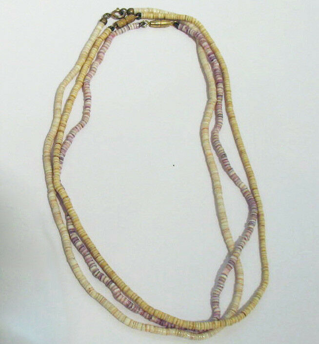 Three vintage 3mm shell heishi bead necklaces (2 cream, 1 purple) 16.25-17