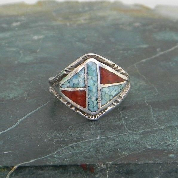Vintage Southwest Sterling Silver Turquoise & Coral Tribal Ring Size 6 T10
