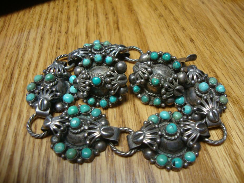 Vintage Southwestern Turquoise Coin Silver  Bracelet & Earrings  signed mexico