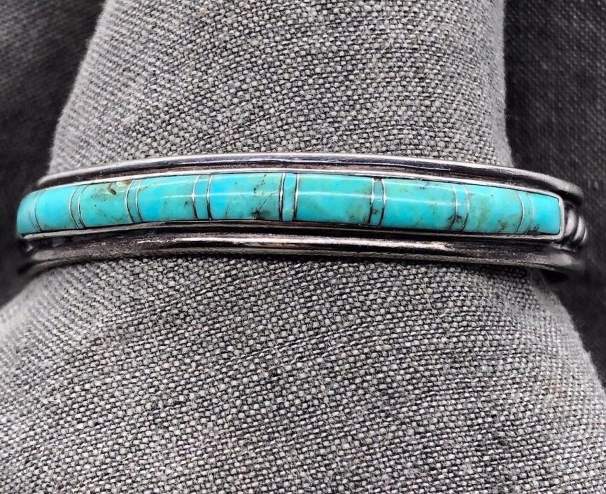Vintage Sterling Silver Turquoise Inlay Cuff Bracelet HK