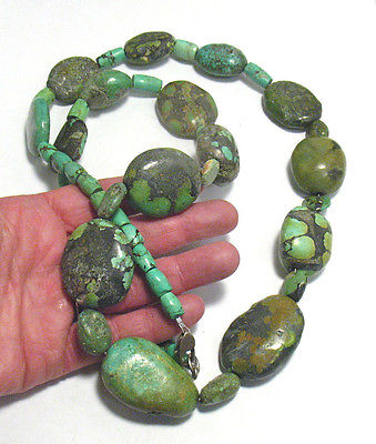 OLD TURQUOISE NECKLACE VERY LARGE STONES STERLING SILVER 34