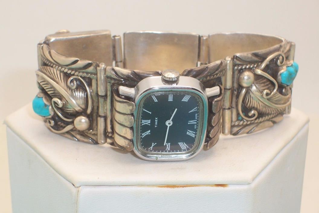 Signed Dennis Smith Turquoise & Sterling Silver Bracelet Watch Band 98 gm