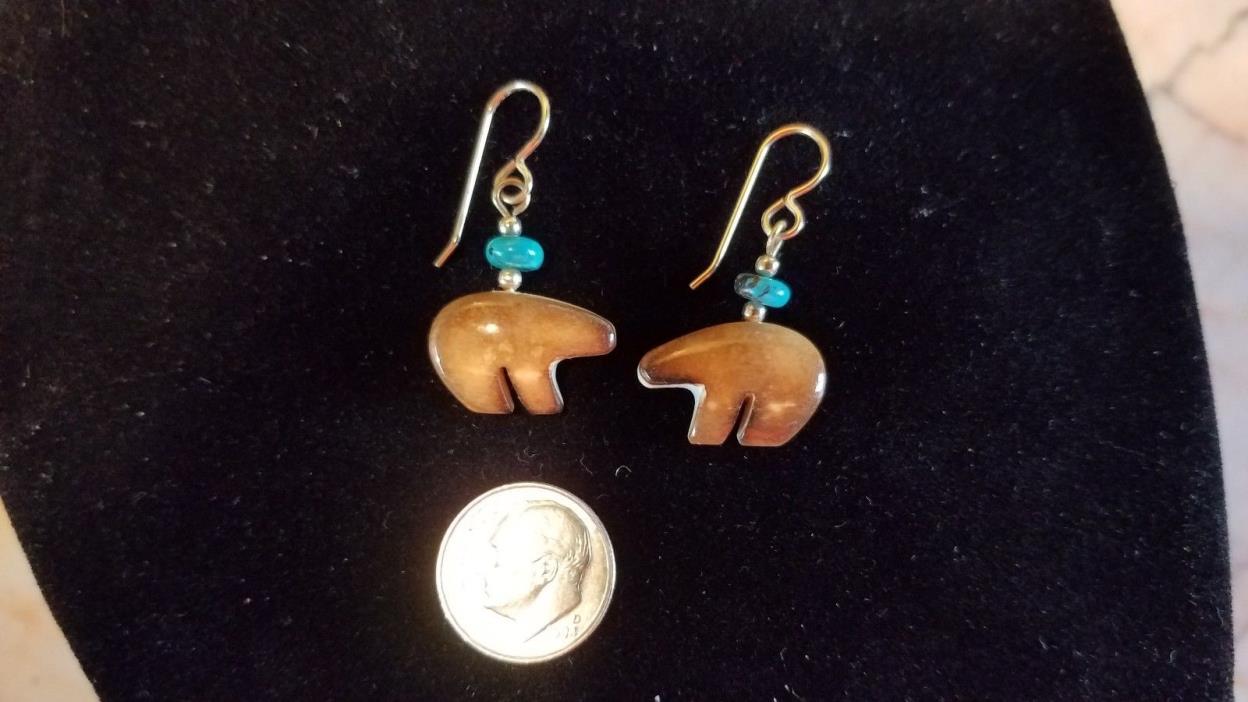 BEAUTIFUL CONTEMPORARY TURQUOISE & CARVED BEAR EARRINGS from ELK ANTLER Colorado