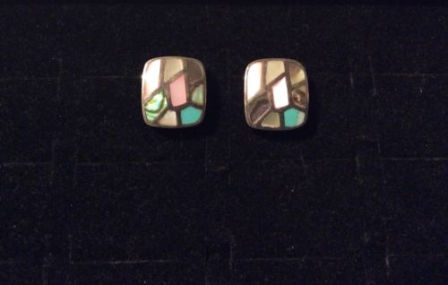 Vintage Southwest Sterling Silver Turquoise Multi-Stone Inlay Earrings