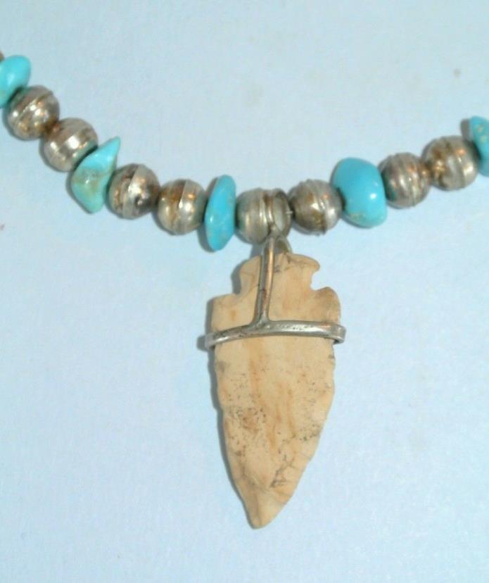 Vtg. Southwestern Silver & Turquoise Stone Arrow Head Pendant 26