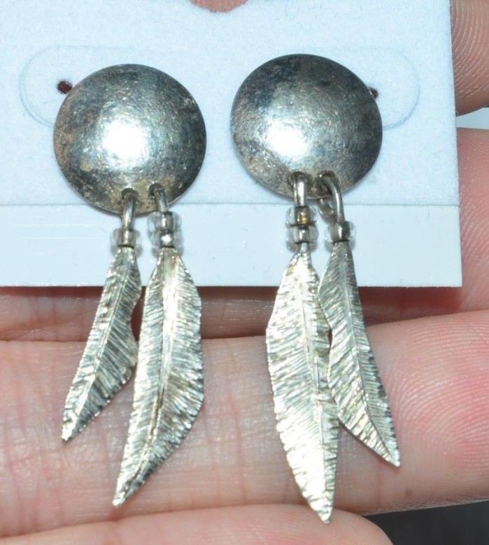 Sterling Silver Vintage Southwestern Moon & Feathers Dangle Pierced Earrings