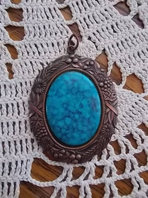 RETRO! Vintage Genuine Copper Faux Turquoise Large Oval Pendant Only ORNATE! VGC
