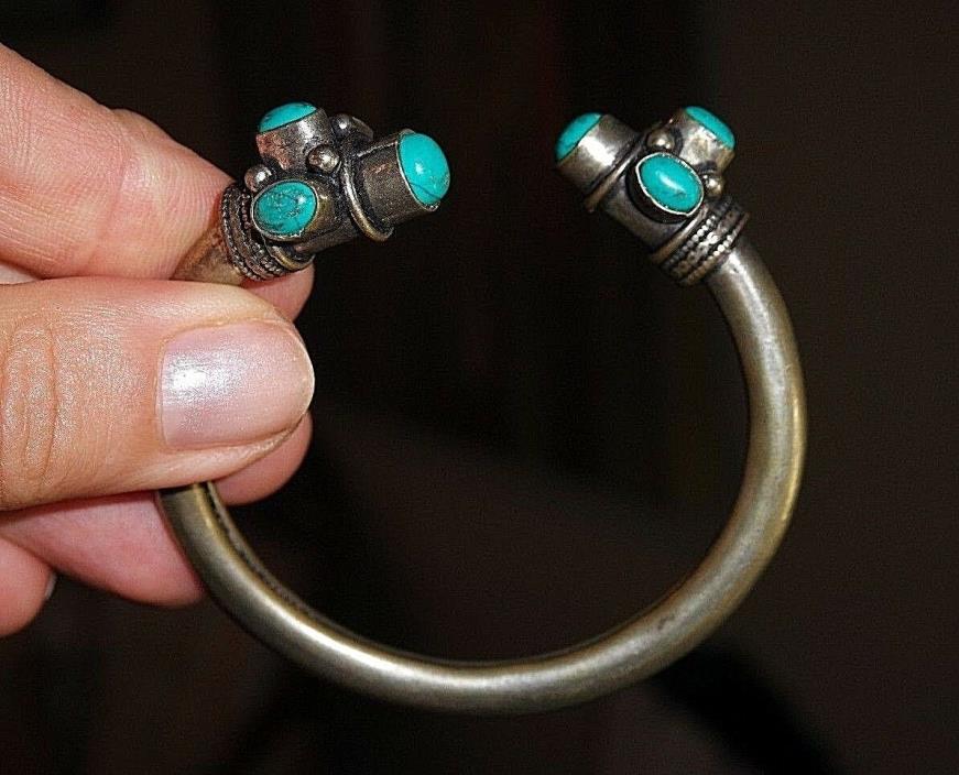 VINTAGE SILVER PLATE TURQUOISE TRIBAL CUFF BRACELET