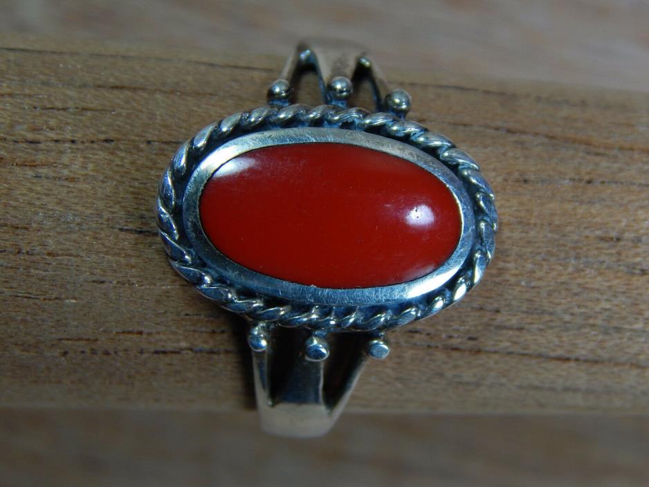Vintage Sterling Silver Red Coral Size 8 3/4 Ring Signed Marked
