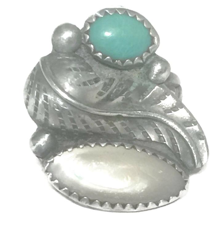 Vintage Turquoise MOP Sterling Silver Southwest Tribal Ring Size 6.25 6.8g