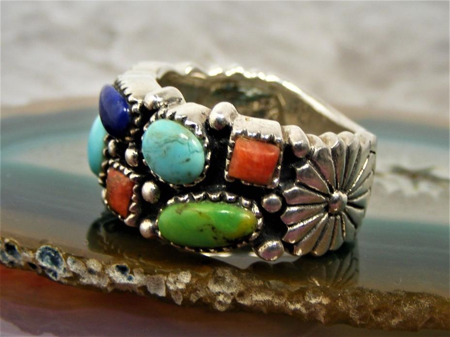 NK Sterling Silver Turquoise Flower RING Sz 5.5 Synthetic Multistone Southwest