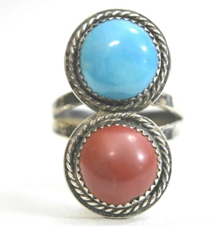 urquoise ring coral Liberty coin southwest  silver women size 11.75