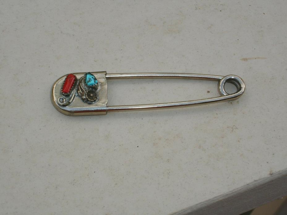 Vintage Turquoise & Coral silver horse blanket safety pin, Southwestern 3 1/4