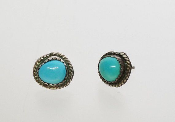 Vintage Silver Turquoise Boho Stud Earrings, Small Post Snake Eye Earrings