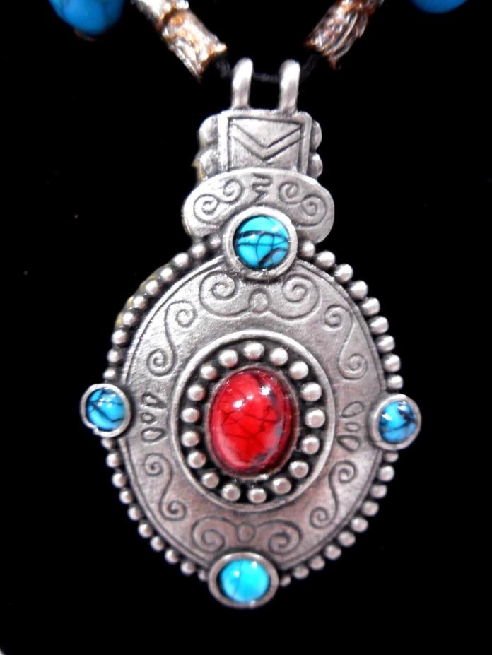 Faux Turquoise Pendant Necklace Southwestern Silver Tone w/Bracelet and Earrings