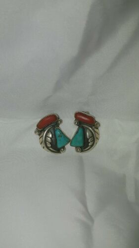 Vintage Navajo Sterling Silver Turquoise & Coral Earrings Clip-On Feather Design