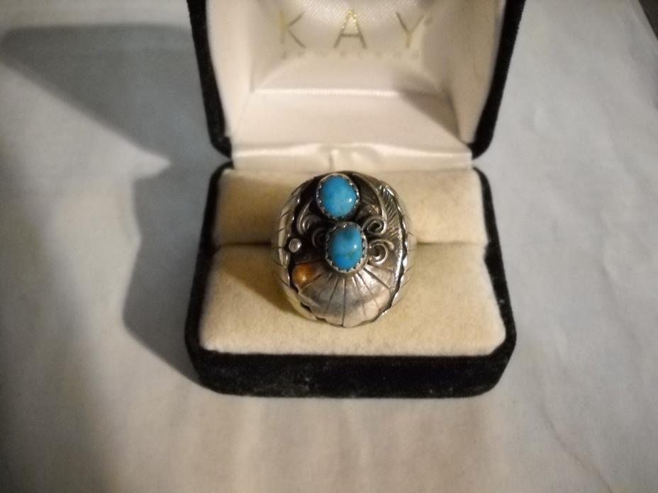 ~Vintage Southwest Signed FP Marked Sterling Turquoise Detailed Ring Size 10 1/2