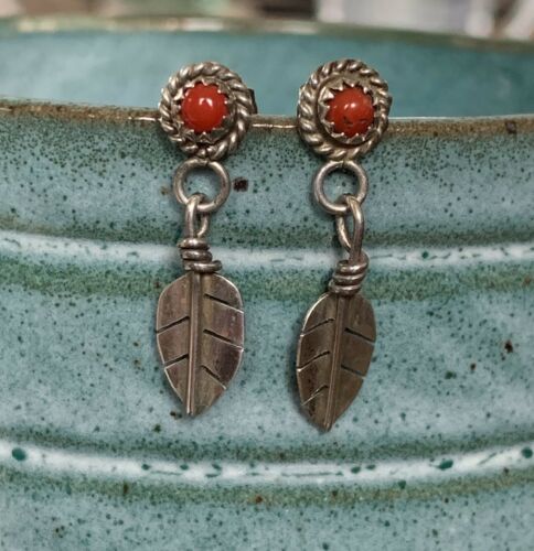 Vintage Navajo Style Coral Feather Earrings Sterling Silver