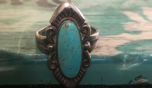 VTG Sterling Silver Natural Turquoise Navajo Bells Trading Post Ladies Ring Sz 6