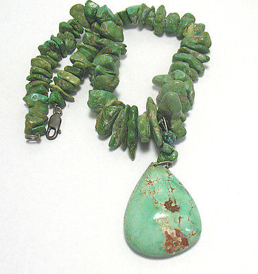 GREEN TURQUOISE STONE NECKLACE WITH LARGE PENDANT STERLING CLASPS VINTAGE