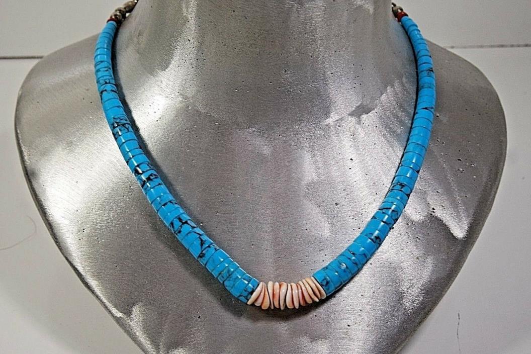 VINTAGE NAVAJO TURQUOISE HEISHI SPINY OYSTER STERLING  GRADUATED BEAD NECKLACE