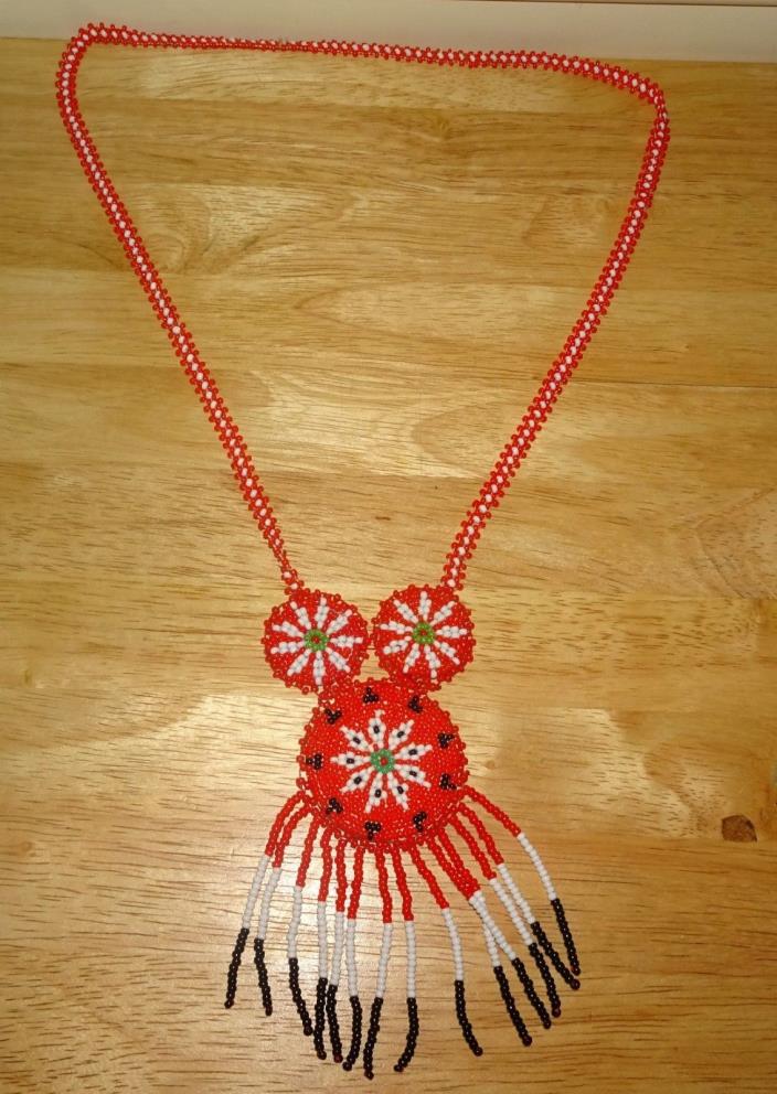 Vintage Tribal Floral Flower Seed Bead Medallion Necklace