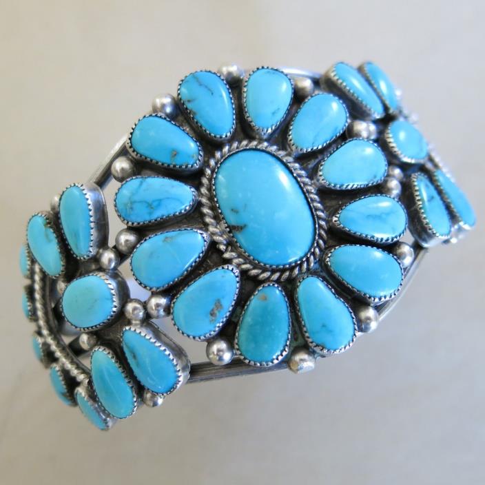 Sterling Silver Navajo Tear Drop Turquoise Cuff Bracelet 79.1g Southwest [3556]