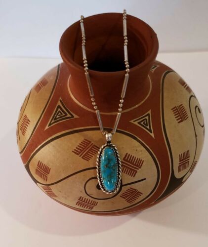 Vintage Hallmarked Sterling Silver Turquoise Pendant w/ Unique Sterling Chain