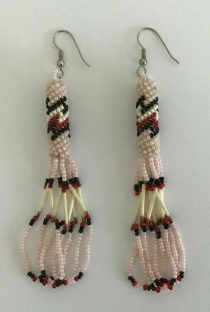 Vintage Pink White Red Black Seed Bead Porcupine Quill Dangle Pierced Earrings