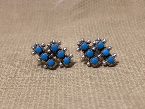 Vintage Sterling Silver and Turquoise Early Zuni Type Design Screw Back Earrings
