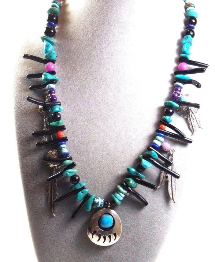 VNT RUNNING BEAR SOUTHWESTERN TURQUOISE BLACK CORAL FEATHER  CONCHAS NECKLACE
