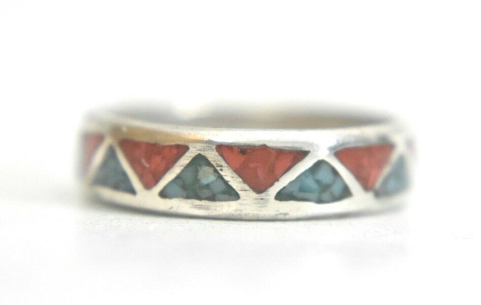 Turquoise chips ring wedding band coral Zuni men boho sterling silver  Size 9.25